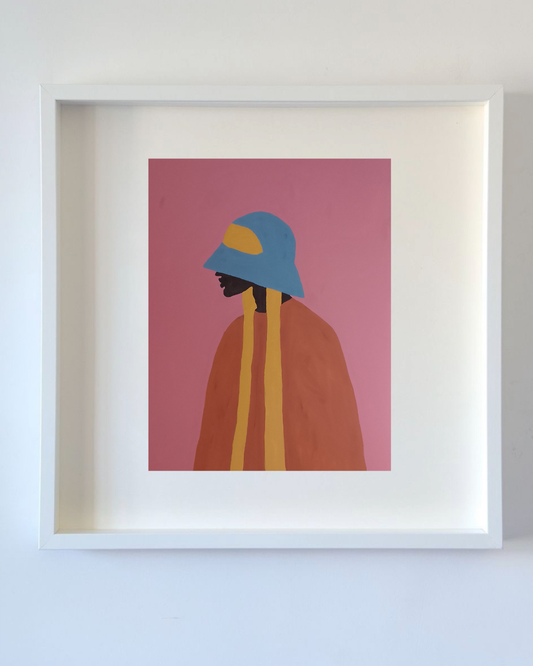 Garota preta de chapéu azul impressão emoldurada